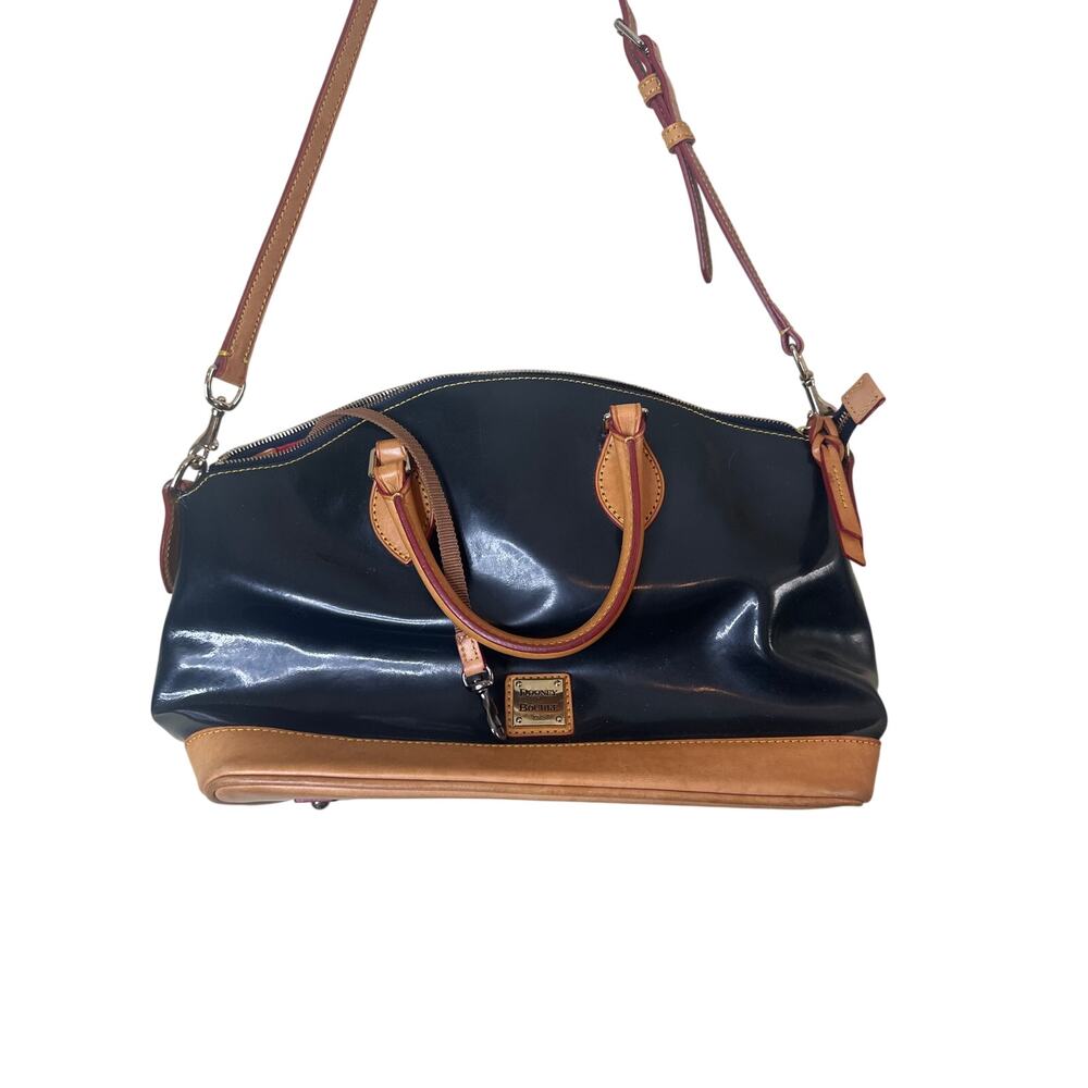 DOONEY & BOURKE LARGE DOME SATCHEL CROSSBODY BLK PATENT W/TAN GENUINE LEATHER